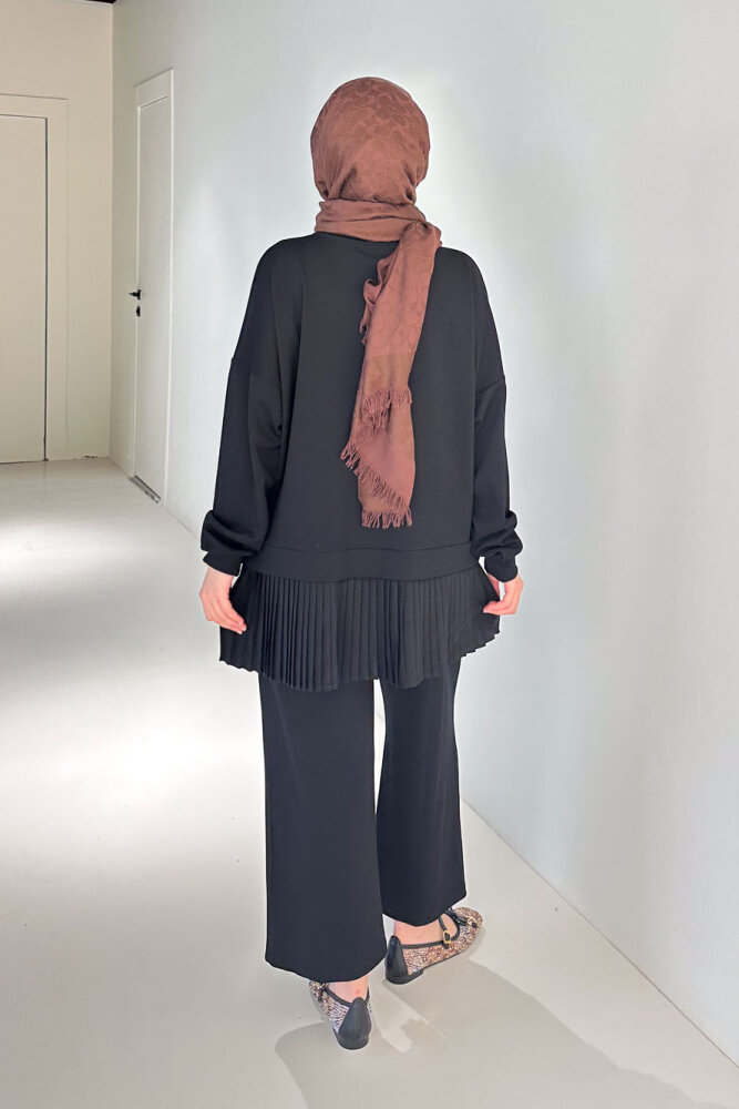 Alin Eteği Pileli Çiçekli Pantolon Takım - Siyah - 8