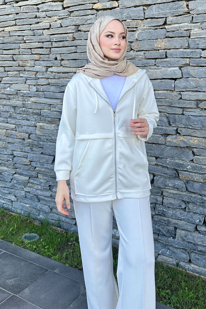 Aller Detaylı Kapüşonlu Takım - Ekru - HENZA (1)