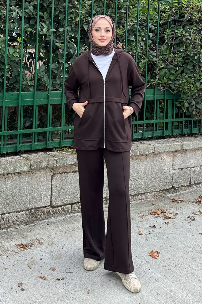 Aller Detaylı Kapüşonlu Takım - Kahverengi - HENZA (1)