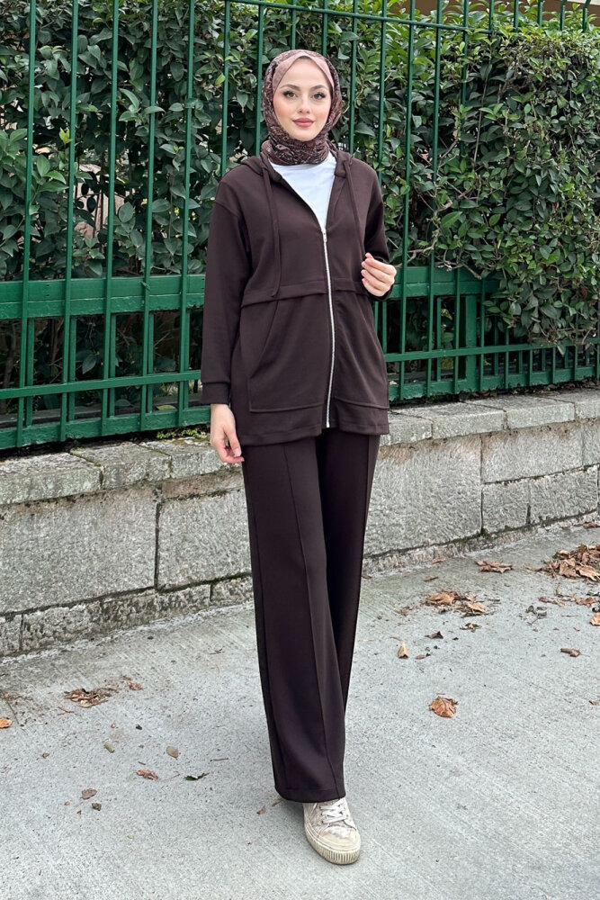 Aller Detaylı Kapüşonlu Takım - Kahverengi - HENZA (3)
