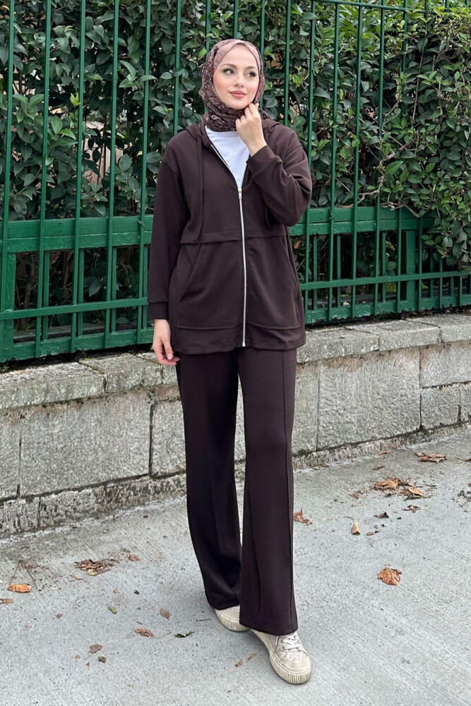 Aller Detaylı Kapüşonlu Takım - Kahverengi - HENZA (5)