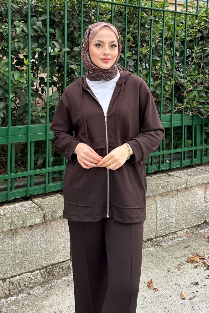 Aller Detaylı Kapüşonlu Takım - Kahverengi - 7