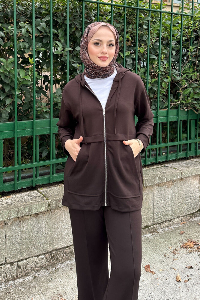 Aller Detaylı Kapüşonlu Takım - Kahverengi - 3