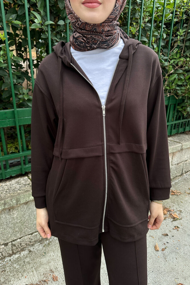 Aller Detaylı Kapüşonlu Takım - Kahverengi - HENZA (4)