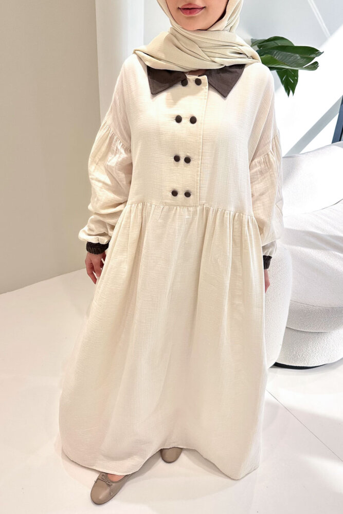 Aloura Yakalı Çift Düğmeli Müslin Elbise - Bej - ALLMİSS (3)