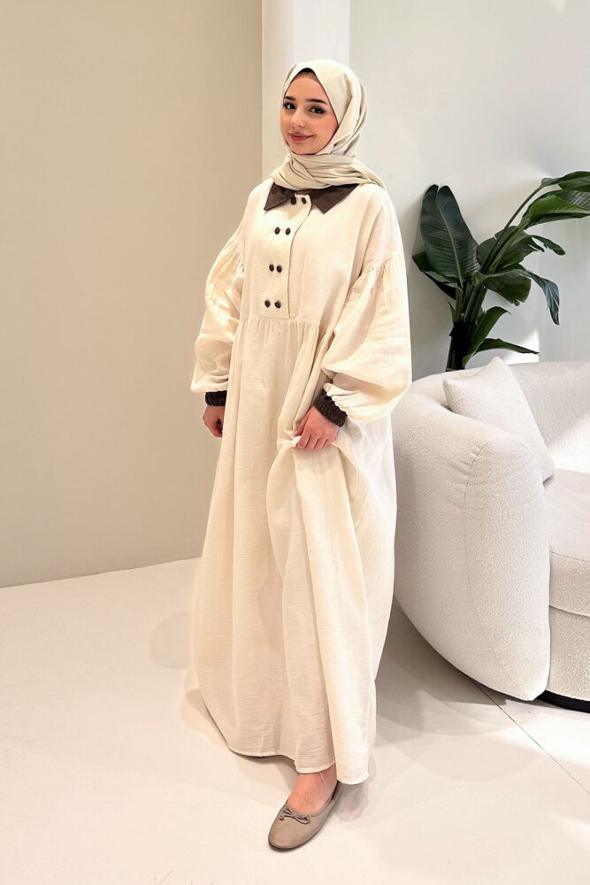 Aloura Yakalı Çift Düğmeli Müslin Elbise - Bej - 3