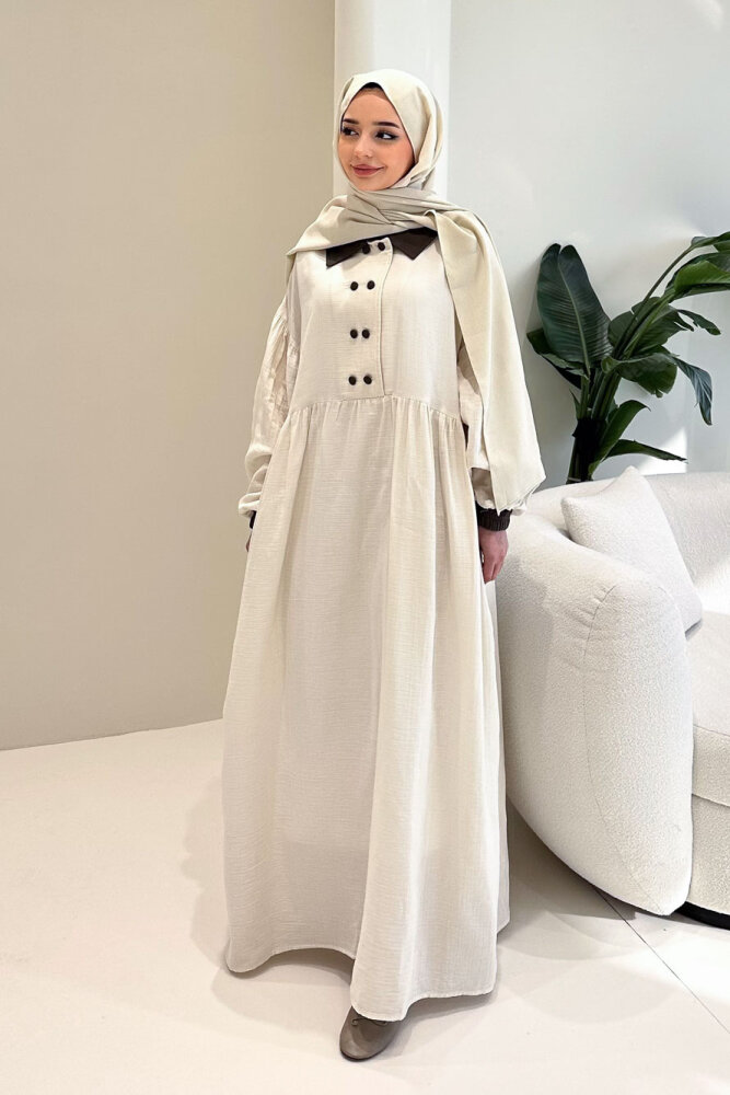 Aloura Yakalı Çift Düğmeli Müslin Elbise - Bej - ALLMİSS (0)