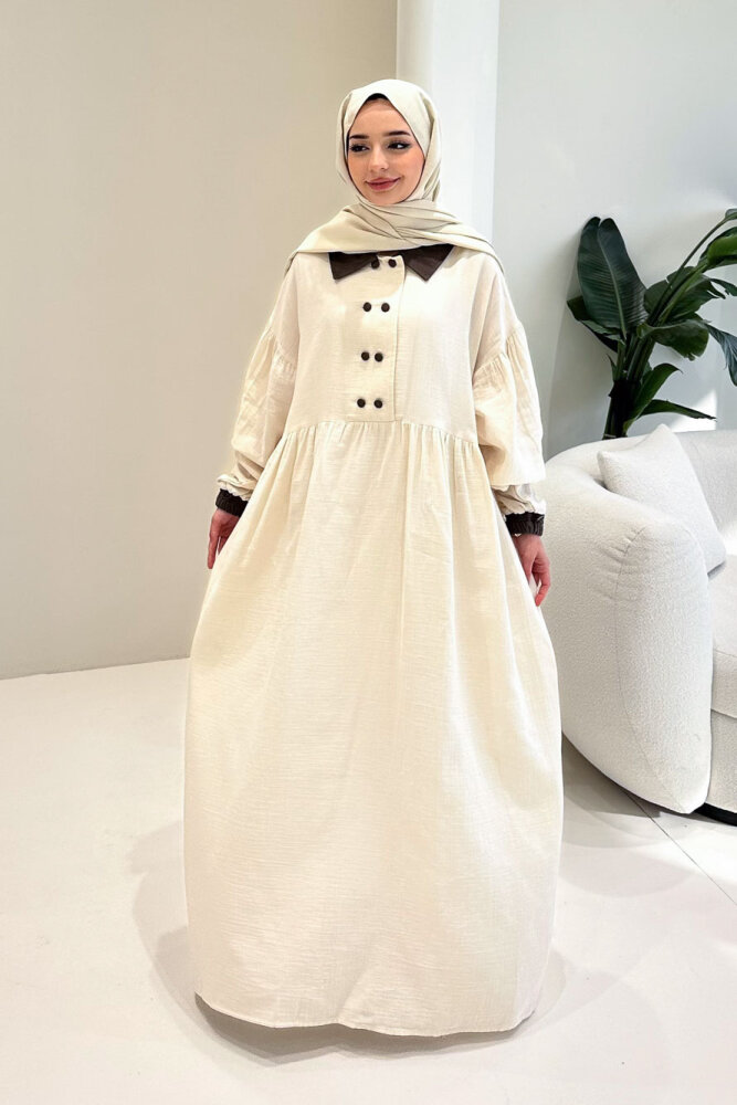 Aloura Yakalı Çift Düğmeli Müslin Elbise - Bej - ALLMİSS (5)