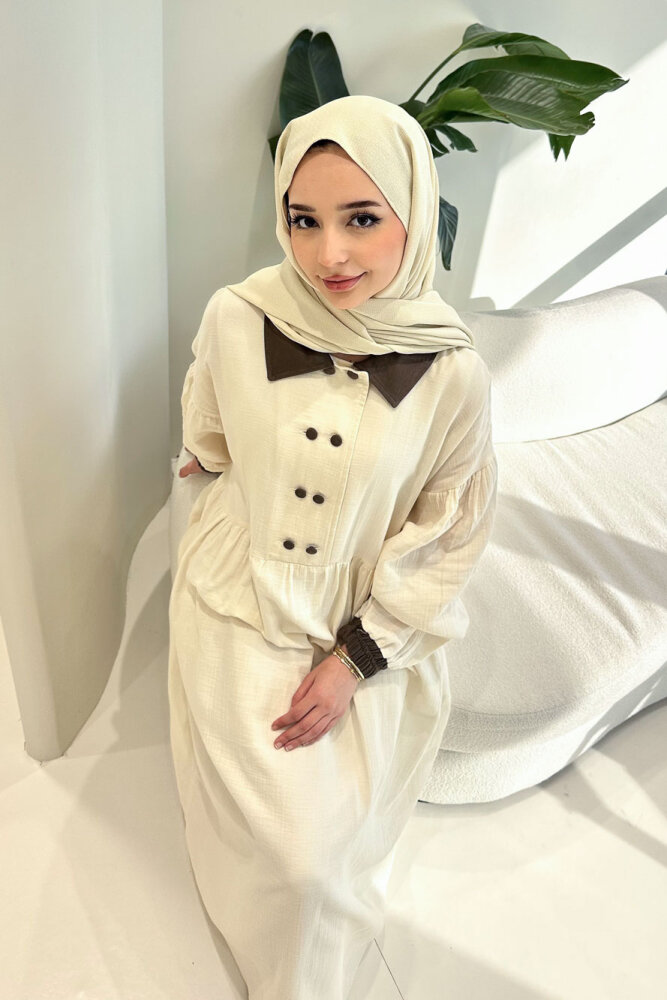 Aloura Yakalı Çift Düğmeli Müslin Elbise - Bej - ALLMİSS (4)