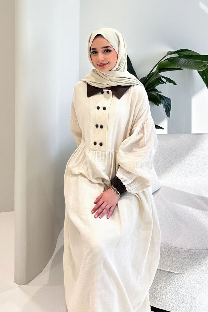 Aloura Yakalı Çift Düğmeli Müslin Elbise - Bej - 7