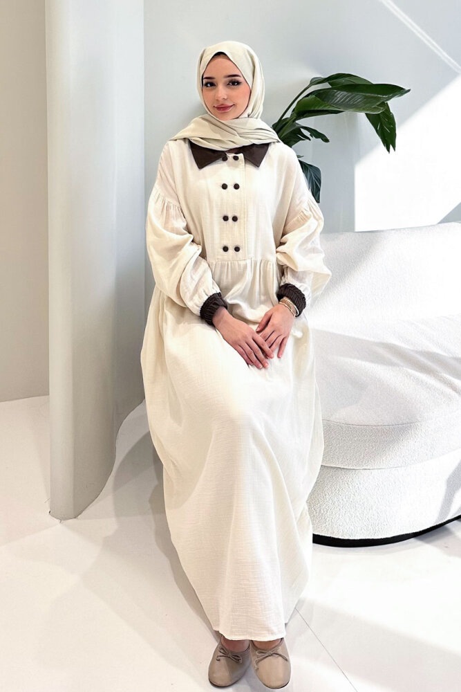 Aloura Yakalı Çift Düğmeli Müslin Elbise - Bej - 2