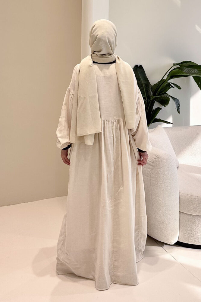 Aloura Yakalı Çift Düğmeli Müslin Elbise - Bej - 8