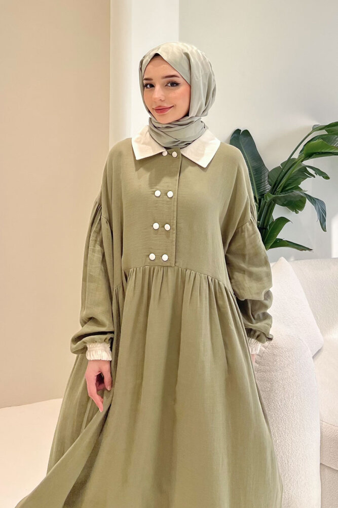 Aloura Yakalı Çift Düğmeli Müslin Elbise - Haki - 7