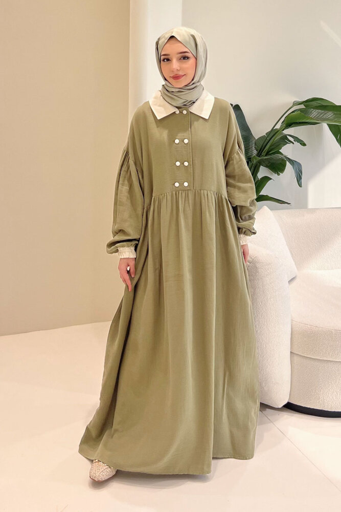 Aloura Yakalı Çift Düğmeli Müslin Elbise - Haki - 5