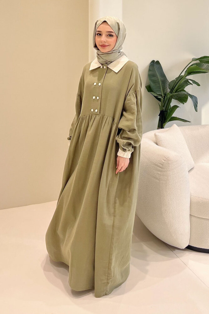 Aloura Yakalı Çift Düğmeli Müslin Elbise - Haki - ALLMİSS (1)