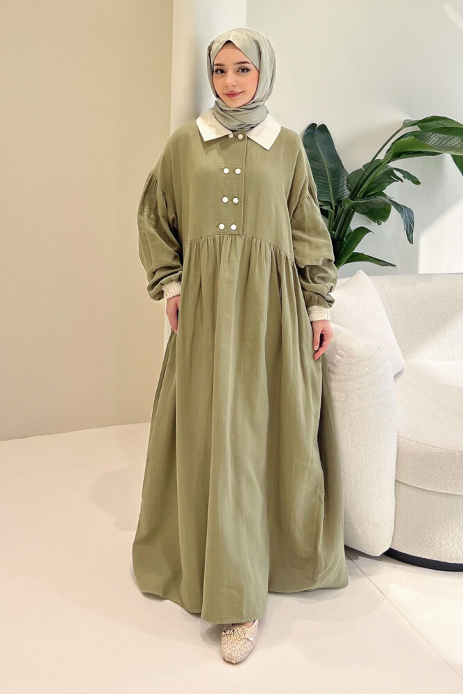 Aloura Yakalı Çift Düğmeli Müslin Elbise - Haki - ALLMİSS (2)