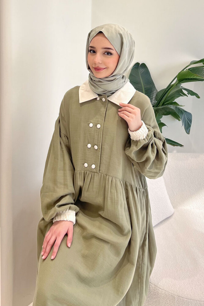 Aloura Yakalı Çift Düğmeli Müslin Elbise - Haki - 4