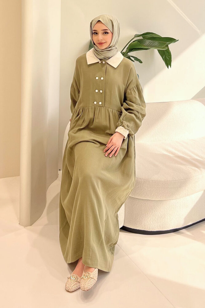 Aloura Yakalı Çift Düğmeli Müslin Elbise - Haki - ALLMİSS (5)