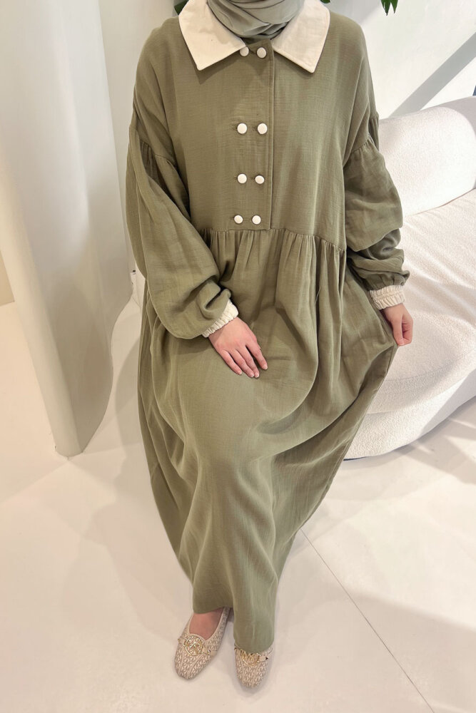 Aloura Yakalı Çift Düğmeli Müslin Elbise - Haki - ALLMİSS (0)