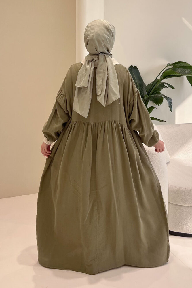 Aloura Yakalı Çift Düğmeli Müslin Elbise - Haki - 8