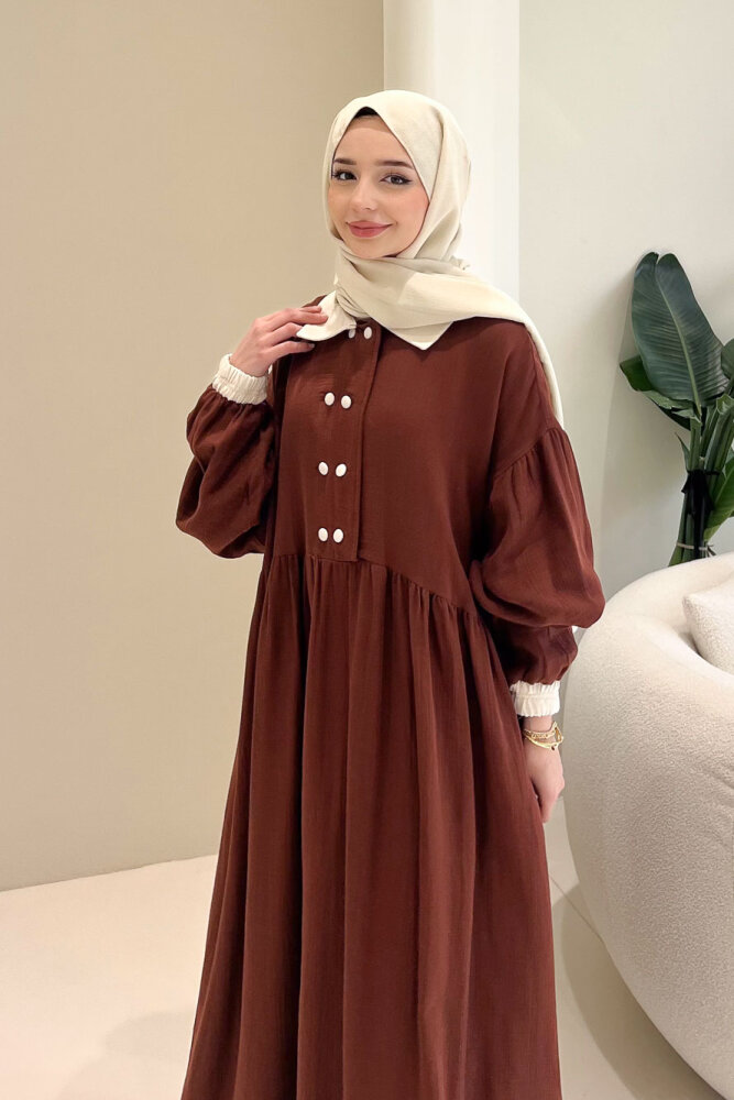 Aloura Yakalı Çift Düğmeli Müslin Elbise - Kahverengi - 2