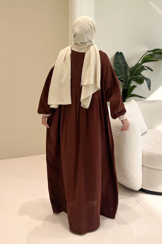 Aloura Yakalı Çift Düğmeli Müslin Elbise - Kahverengi - 8