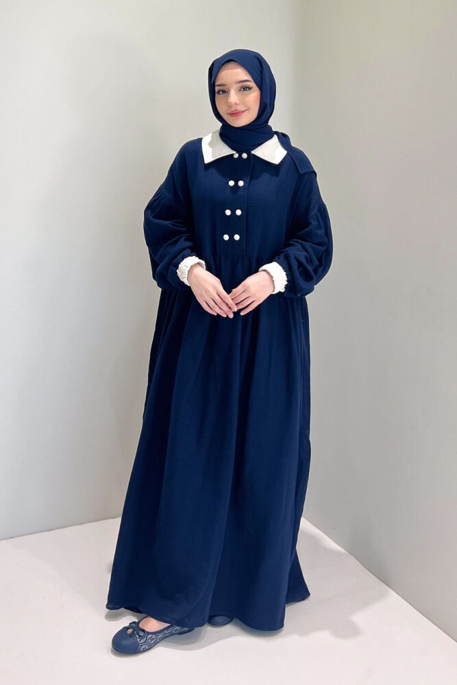Aloura Yakalı Çift Düğmeli Müslin Elbise - Lacivert - 6