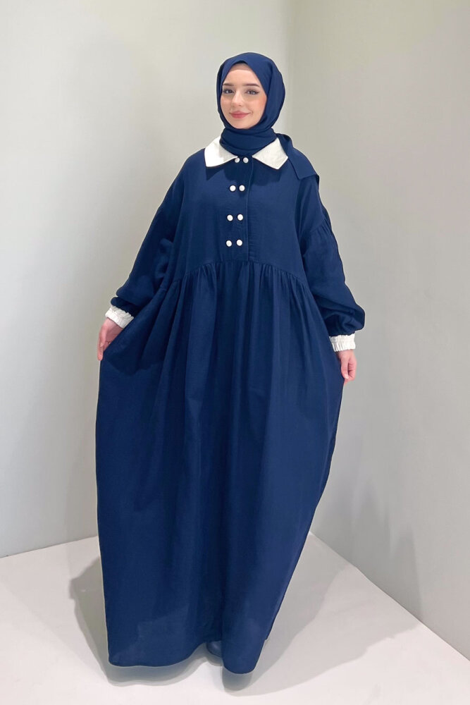 Aloura Yakalı Çift Düğmeli Müslin Elbise - Lacivert - 2