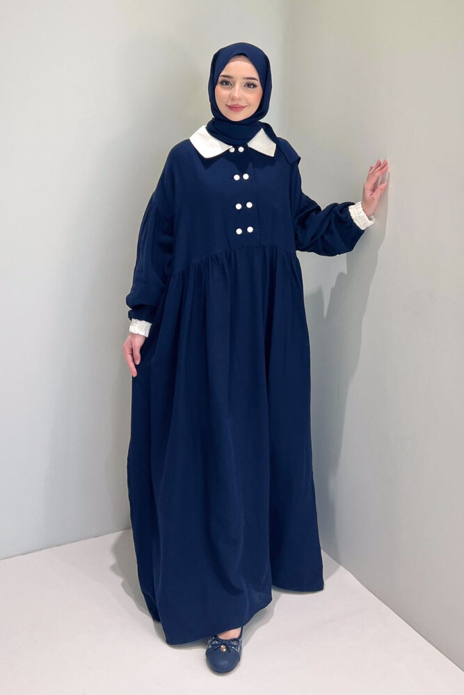 Aloura Yakalı Çift Düğmeli Müslin Elbise - Lacivert - 3