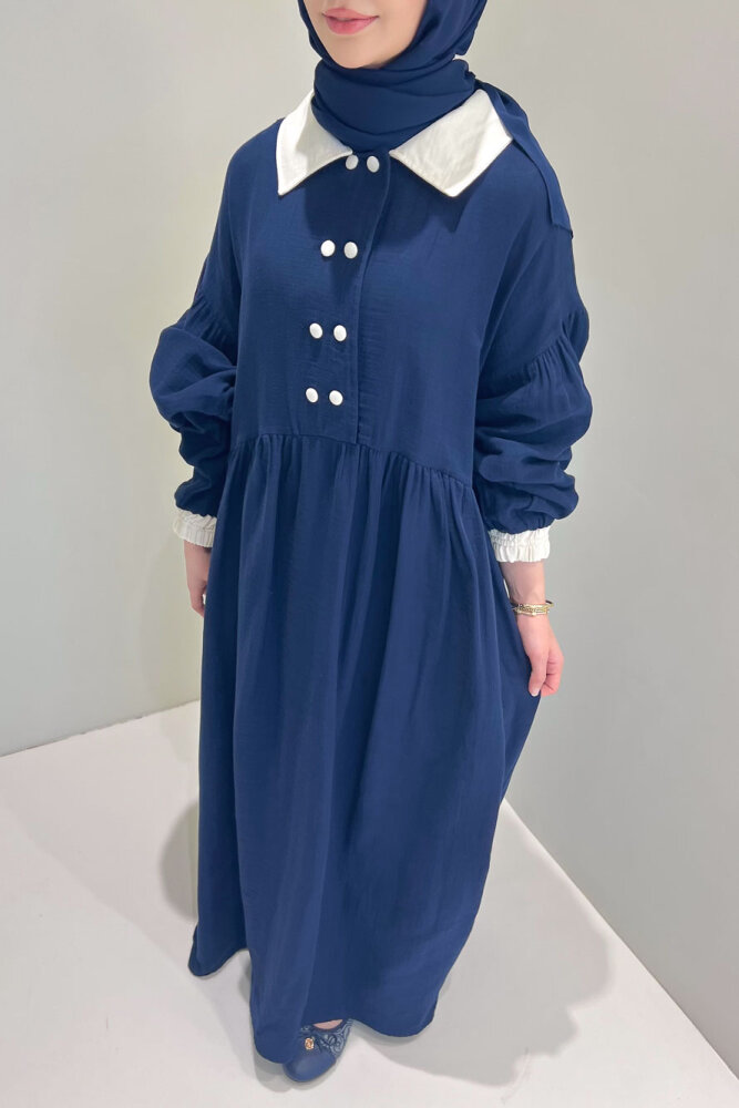 Aloura Yakalı Çift Düğmeli Müslin Elbise - Lacivert - ALLMİSS (3)