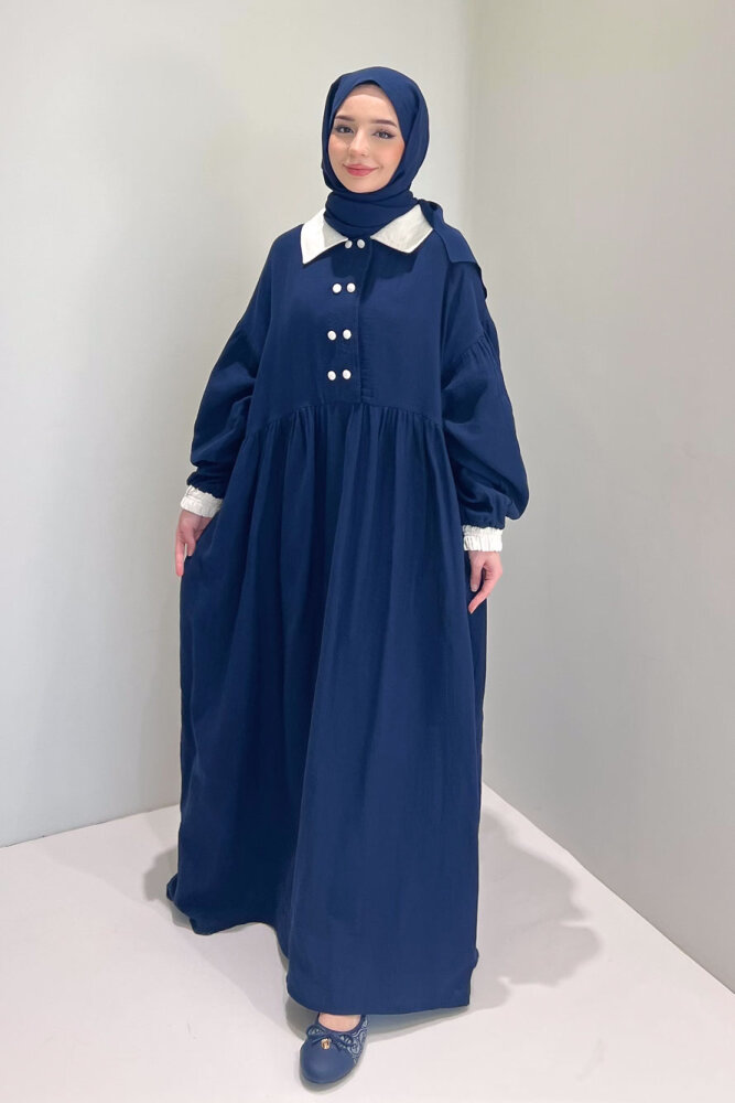 Aloura Yakalı Çift Düğmeli Müslin Elbise - Lacivert - 7