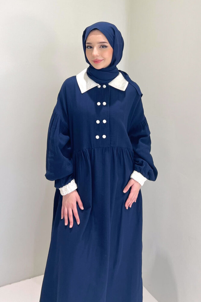 Aloura Yakalı Çift Düğmeli Müslin Elbise - Lacivert - 1