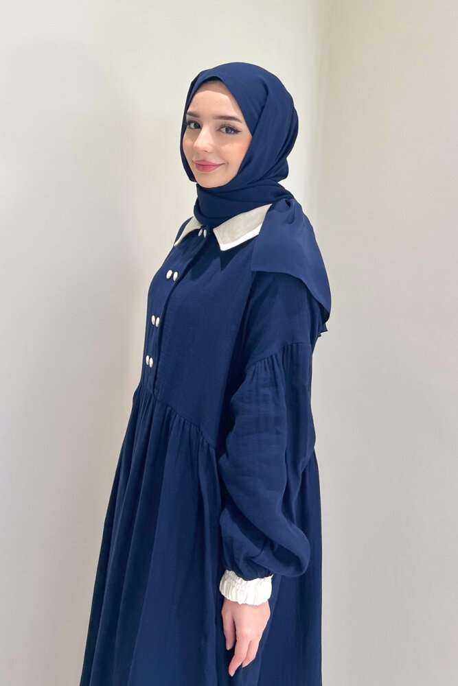 Aloura Yakalı Çift Düğmeli Müslin Elbise - Lacivert - 5