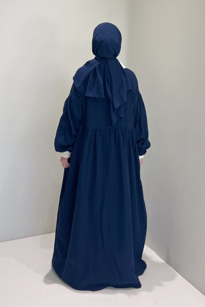 Aloura Yakalı Çift Düğmeli Müslin Elbise - Lacivert - 8