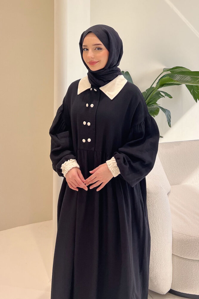 Aloura Yakalı Çift Düğmeli Müslin Elbise - Siyah - 5