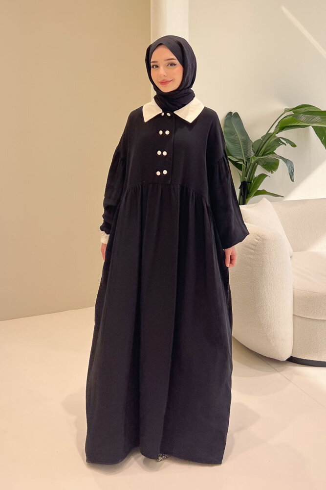 Aloura Yakalı Çift Düğmeli Müslin Elbise - Siyah - 6