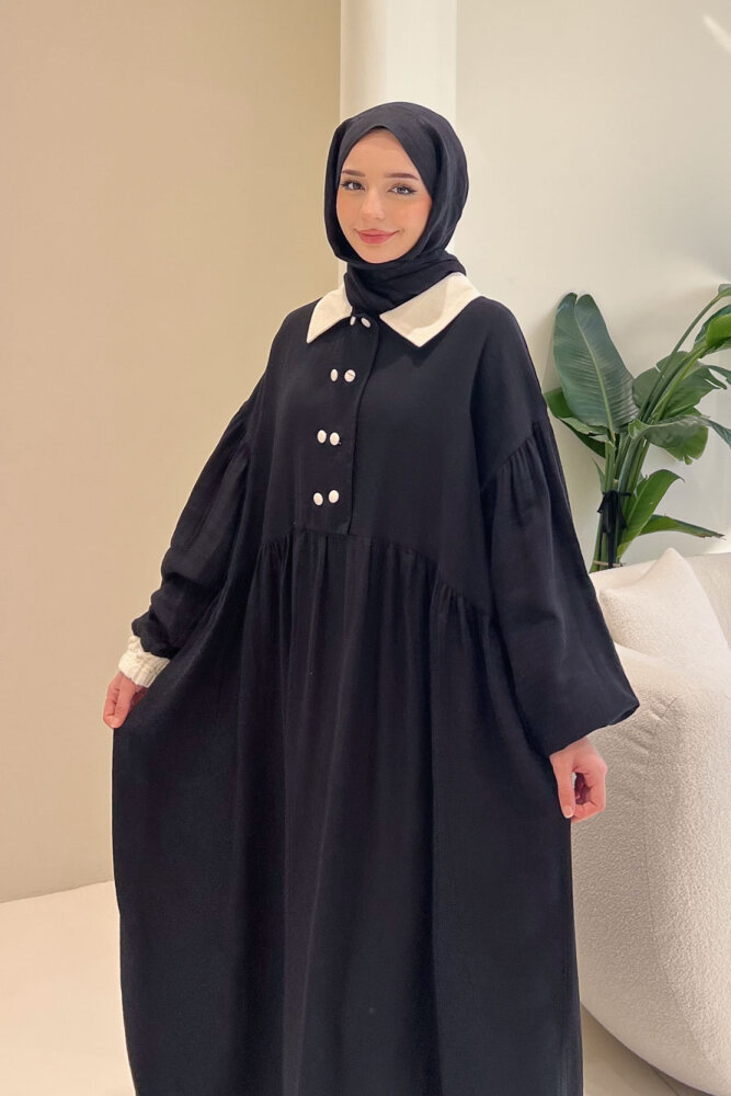 Aloura Yakalı Çift Düğmeli Müslin Elbise - Siyah - 2