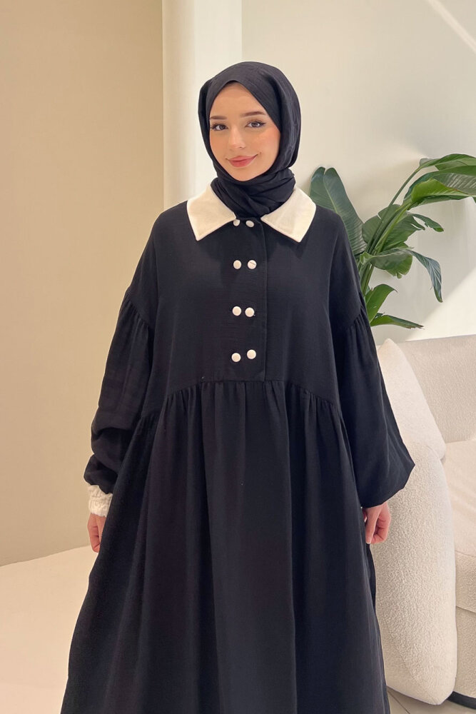 Aloura Yakalı Çift Düğmeli Müslin Elbise - Siyah - 7
