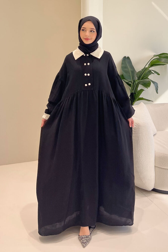 Aloura Yakalı Çift Düğmeli Müslin Elbise - Siyah - 4