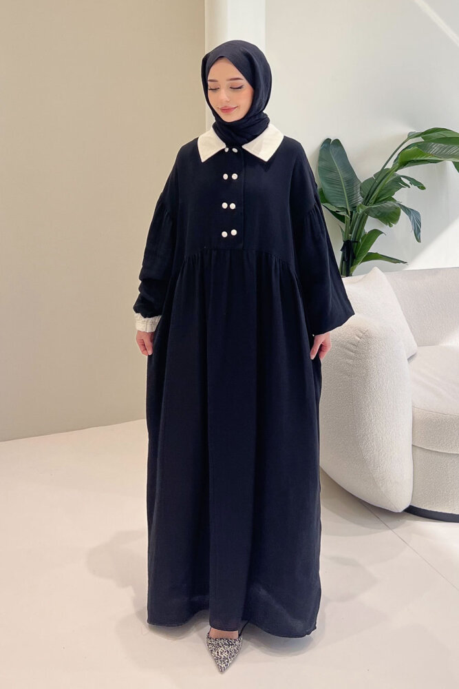Aloura Yakalı Çift Düğmeli Müslin Elbise - Siyah - 8