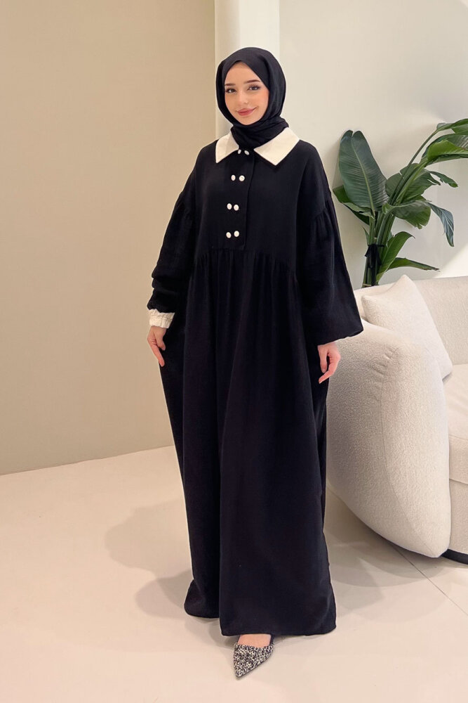 Aloura Yakalı Çift Düğmeli Müslin Elbise - Siyah - ALLMİSS (0)