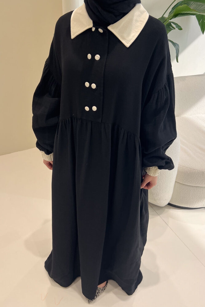 Aloura Yakalı Çift Düğmeli Müslin Elbise - Siyah - 3