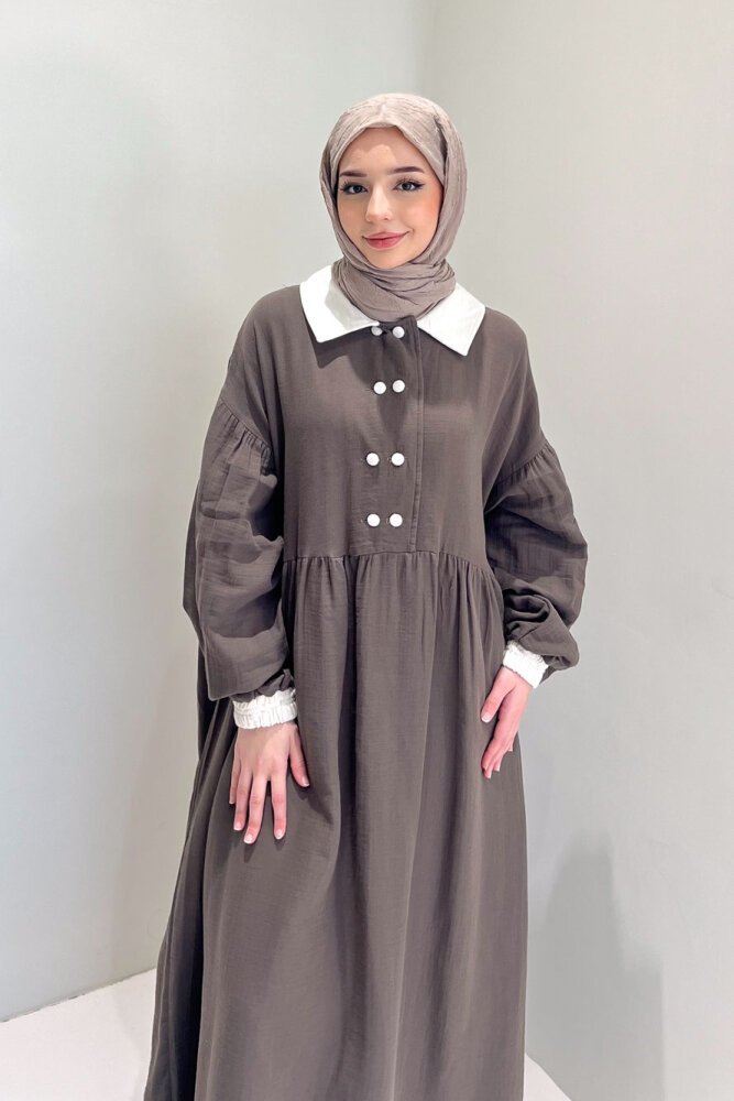 Aloura Yakalı Çift Düğmeli Müslin Elbise - Vizon - 5