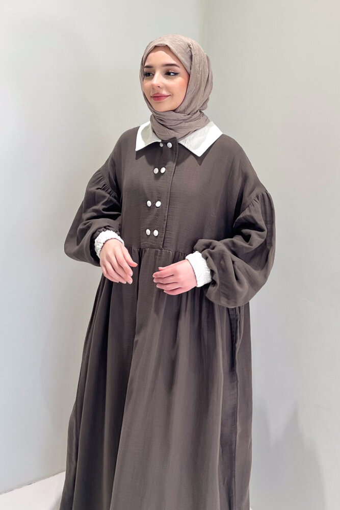 Aloura Yakalı Çift Düğmeli Müslin Elbise - Vizon - 2