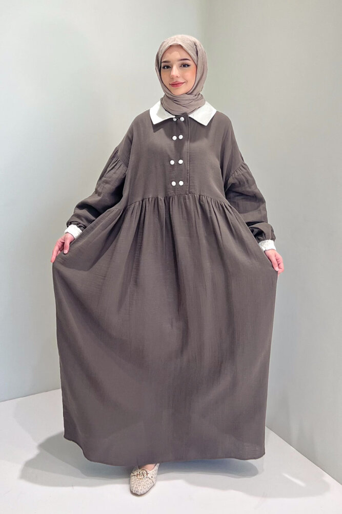 Aloura Yakalı Çift Düğmeli Müslin Elbise - Vizon - 6