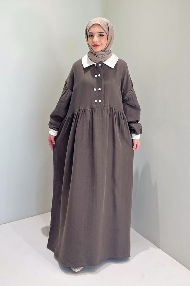 Aloura Yakalı Çift Düğmeli Müslin Elbise - Vizon - 3