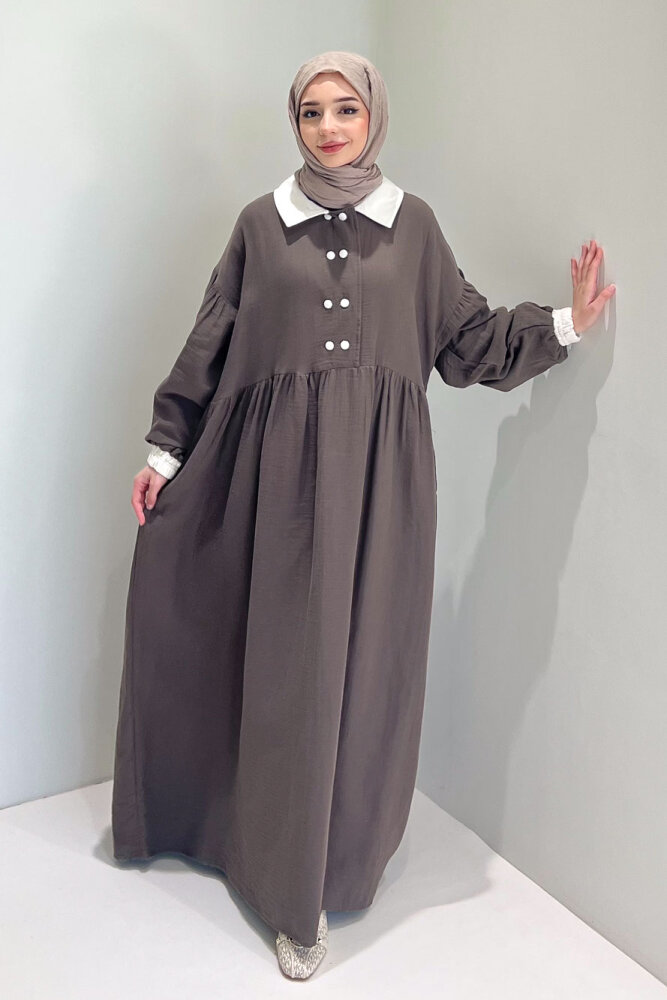 Aloura Yakalı Çift Düğmeli Müslin Elbise - Vizon - ALLMİSS (0)