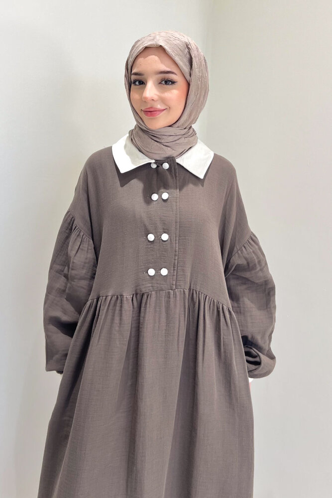 Aloura Yakalı Çift Düğmeli Müslin Elbise - Vizon - 7