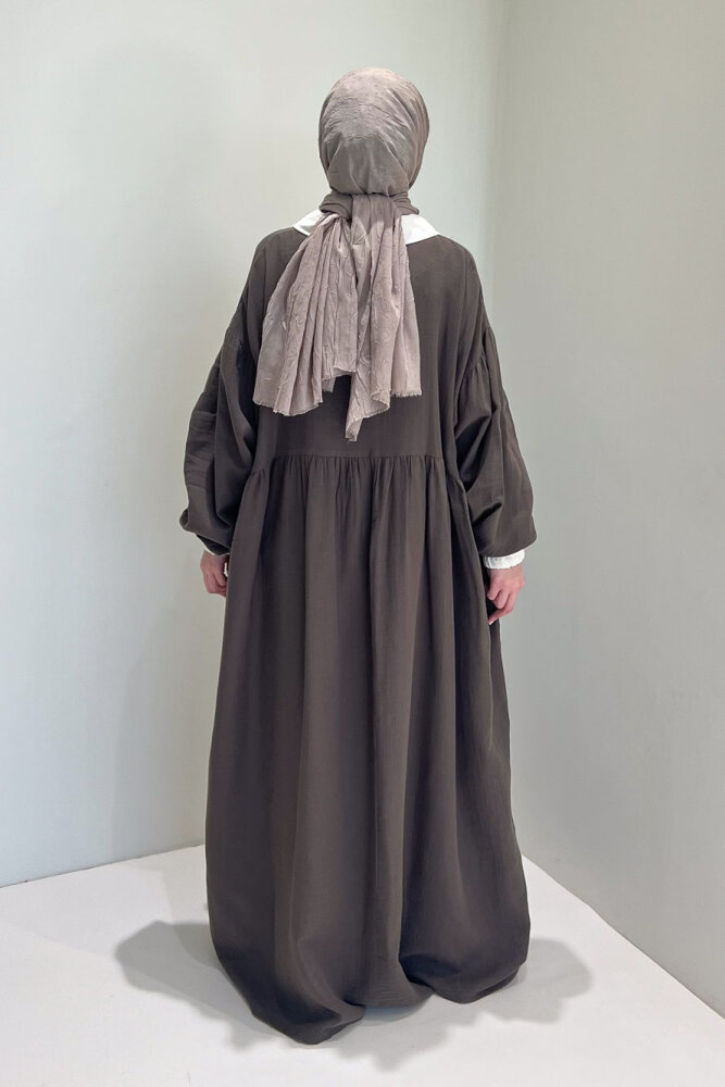 Aloura Yakalı Çift Düğmeli Müslin Elbise - Vizon - 8