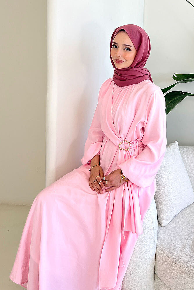 Althea Anvelop Tokalı Bağlamalı Elbise - Pembe - 7